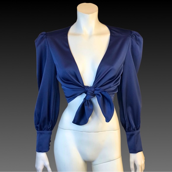 WAYF Navy Blue Satin Tie Front Cropped Shirt Jacket M NWT - Picture 1 of 10